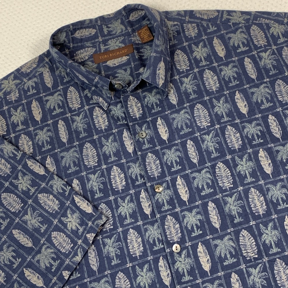 Tori Richard Hawaiian Shirt Mens 2XL Blue Geometric Short Sleeve Cotton